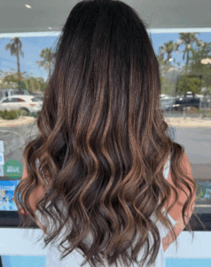 A person with long, wavy, dark brown hair with light brown highlights is seen from behind, standing outdoors near a window. - Escape Salon | Nokomis, FL
